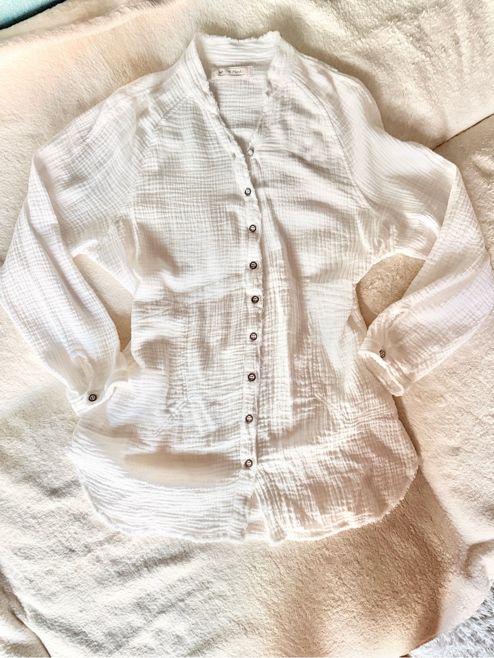 We The Free Free People White Gauze Tunic Button Up Shirt XS Oversized Boho